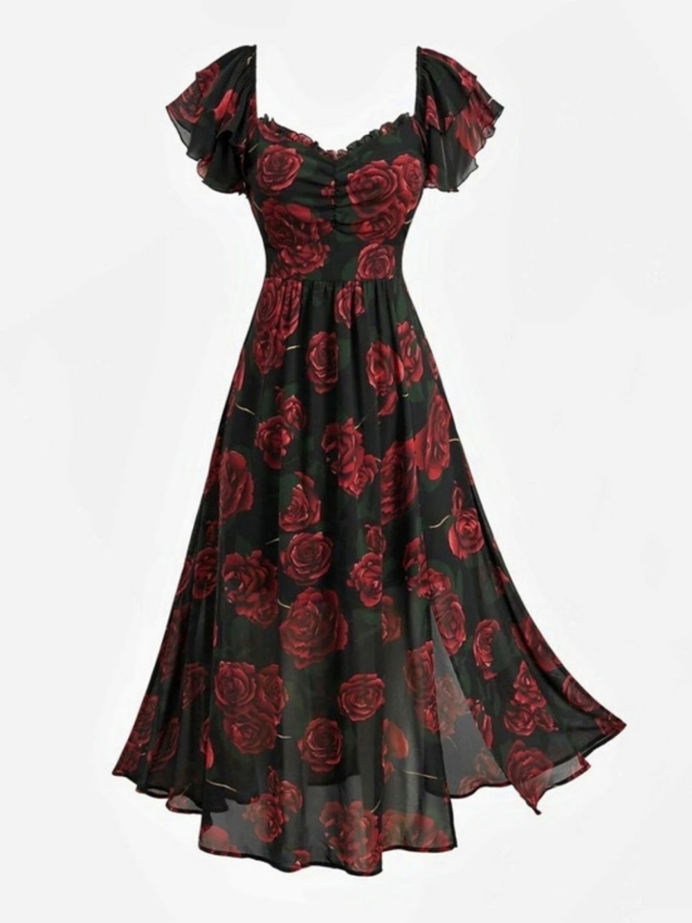 Floral Rose Maxi Dress in Black & Red Like New